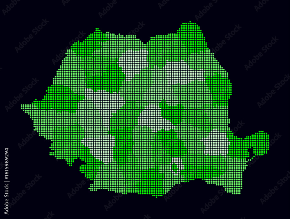 Poster romania dotted map. digital style map of the country on dark background. romania shape with circle d