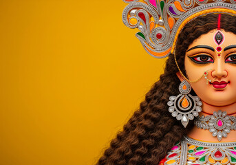 Hindu festival Durga puja goddess Durga face in the yellow background