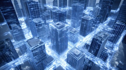 Obraz premium conceptual illustration of a bustling B2B internet network, depicted as glowing, interwoven pathways connecting various corporate buildings on a virtual landscape. Data packets are seen flowing 