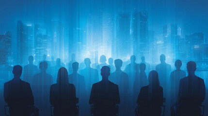 illustration of multiple diverse business people, represented as glowing avatars, engaging in B2B digital marketing and shopping interactions on a shared virtual screen. The scene conveys collaboratio