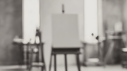 blurred image of a student gallery setup workshop, with frames, hanging tools, and empty walls being curated. Behind-the-scenes curation scene