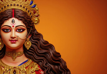 Hindu festival Durga puja goddess Durga mata face in the dark yellow gradient background