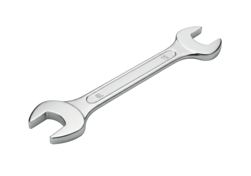 A single new polished silver metal combination wrench, open-end and box-end, isolated on a transparent studio background, high-key, 3/4 view. Concept of precision engineering and quality tools