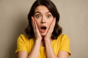 Surprised expression of shock on a woman's face with hands covering her mouth