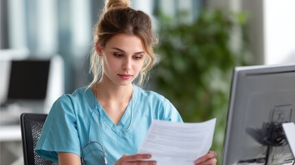 Nurse administrator in healthcare setting conducting medical bill code audit, reviewing patient treatment records, insurance claim documents, and verifying billing codes for accuracy and compliance.