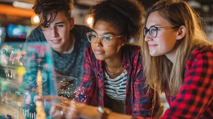 team analyzing digital marketing trends using touch screen dashboards and data graphs on a virtual B2B commerce platform diverse team, digital dashboard, data visualization, B2B commerce, online 