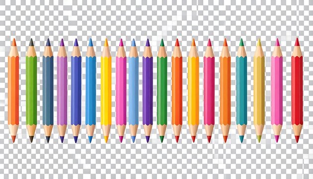 Colorful pencils in a row on transparent background
