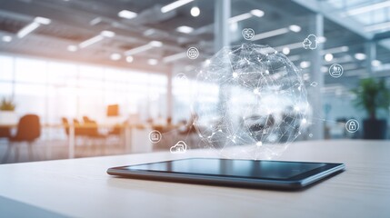 screen floating over tablet device showing icons for B2B marketplace, network security, and marketing performance in a professional environment with ample copy space tablet device, digital interface, 