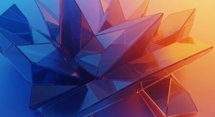 Obraz premium Abstract geometric crystal formation with sharp facets reflecting vibrant blue and orange light, creating a dynamic and modern visual.