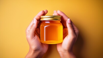 hands presenting a bright honey jar against a cheerful background with plenty of copy space