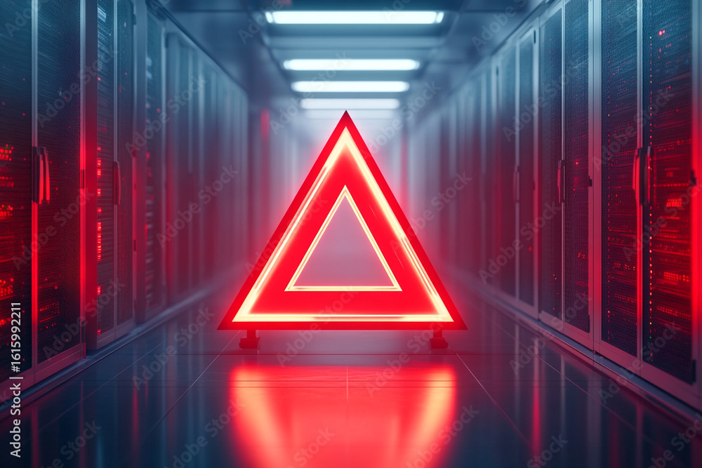 Poster red warning triangle in a server room data center alert system security risk
