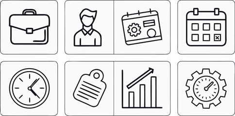 "Minimal bold black outline business icons — briefcase, clock, calendar, user, settings — consistent stroke weight, clean grid layout, vector EPS format"