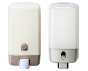 Two wall-mounted liquid soap dispensers with push-button mechanisms on a transparent background