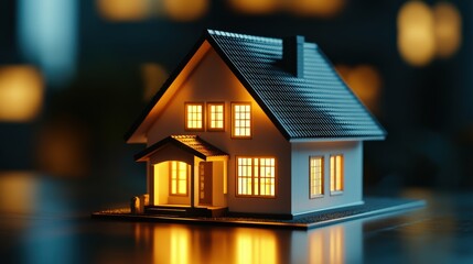 Cozy miniature house with warm glowing lights at night, showcasing inviting architecture and tranquil atmosphere, perfect for home and family themes in stock photography.