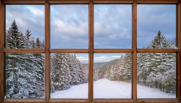 Fototapeta a wooden window frame with six panes offers a view of a snowy landscape featuring pine trees and a cloudy sky