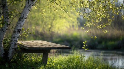 Naklejka premium Serene morning mist over calm lake, bench by trees; peaceful nature scene, Beautiful natural spring background with green forest