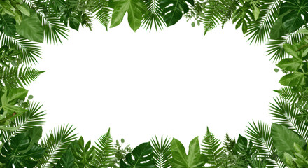 Lush green tropical foliage, including palm fronds and delicate ferns, meticulously arranged as decorative borders against a transparent background with central copy space, isolated with flat