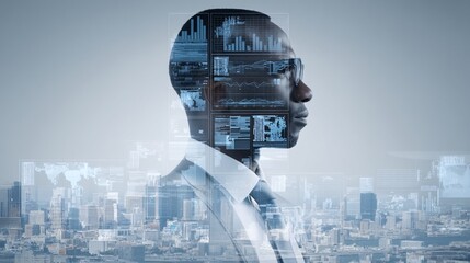 exposure of businessman with cityscape and virtual B2B graphs representing online marketplace, data-driven decisions, and smart ecommerce networks double exposure, businessman, B2B graphs, online 