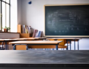 slate chalkboard surface mockup with matte finish in foreground and softly blurred classroom background