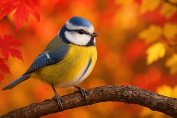 Obraz premium A Blue Tit Perches on a Branch Amidst a Symphony of Fall Leaves
