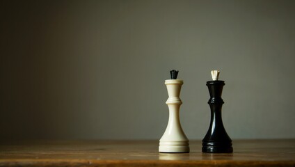 Chess pieces, vintage black and white queen, dark gray background. Chess sports, business games, power, leadership concept	