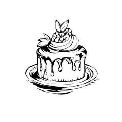hand drawn vintage chocolate dripping cake vector illustration engraving sketch for bakery logo
