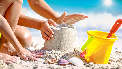 A child is playing on a beach, building a sandcastle in the sand. A concept of a happy summer vacation and a holiday in the sun with toys.