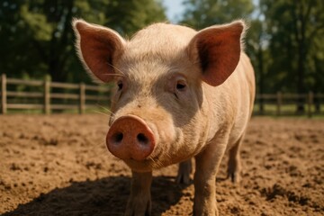 Fototapeta premium A gentle pig in a rustic field, its curious eyes meeting ours as it stands on the earthy terrain