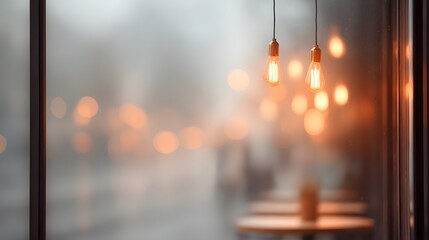 blurred image of an urban coffee shop with Edison bulbs and fogged-up windows, warm ambiance on a stormy day