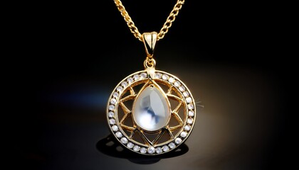 a gold necklace with a pendant featuring a moonstone and diamonds