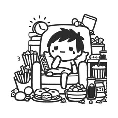 Black and white cozy chaos moment with television, remote, and carefree character, vector