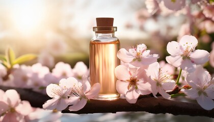 clear bottle of essence surrounded by spring blossoms