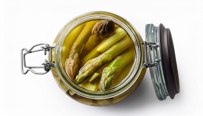 jar of pickled asparagus isolated on clean white background