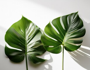 philodendron leaves forming organic shadows on plain white background