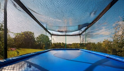 a blue trampoline adorned with a safety net inviting high flying fun and joyous bounces