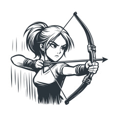 Monochrome illustration of focused female archer in dynamic shooting pose, vector