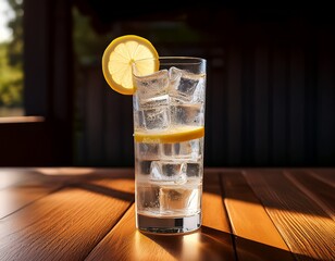 a tall glass filled with ice cubes and a lemon slice ready to provide a cool and revitalizing drink on a hot summer day