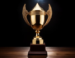 a golden trophy with two handles sits on a dark wooden surface against a black background