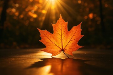 A lone maple leaf basks in the warmth of a setting sun, casting a golden hue across the dark forest floor