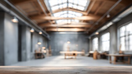 blurred image of an industrial-style art school workshop with concrete floors, exposed beams, and natural light pouring in from skylights. Raw and open creative space,