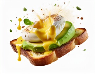 hovering avocado toast topped with hollandaise sauce splatters isolated on white background