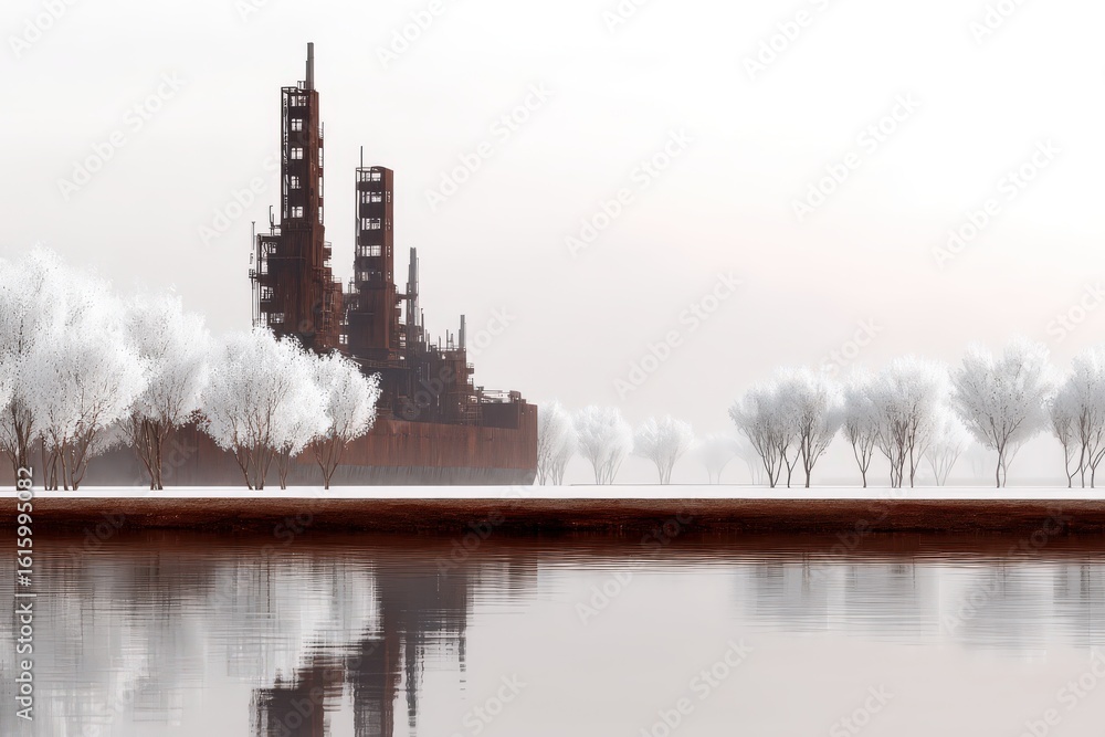 Poster ethereal industrial landscape showcasing an ancient rusting factory reflecting on a calm water surfa