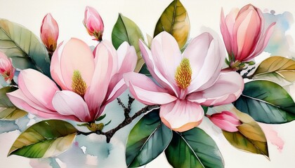 watercolor painting of blooming magnolia flowers soft pink petals green leaves and buds