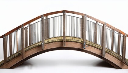 a wooden bridge with metal supports stands tall on a white background