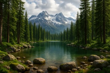 Obraz premium A Serene Lake Surrounded by Towering Pines and Snow-Capped Mountains Under a Cloudy Sky