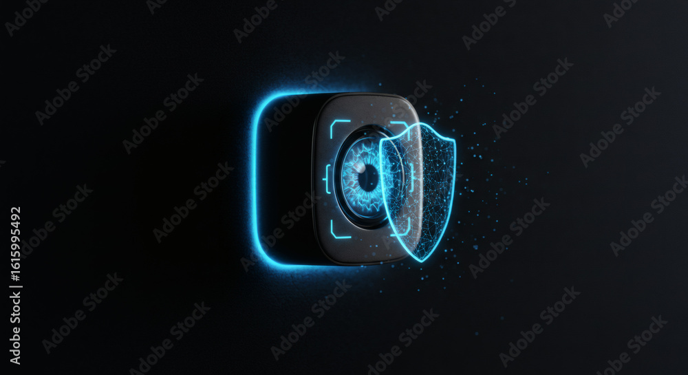 Poster futuristic digital security camera with a glowing blue shield for cyber protection and data privacy 