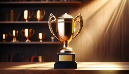 a golden trophy with a black base and gold plaque sits on a wooden shelf bathed in warm light