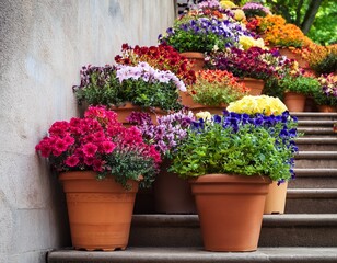large garden pots overflowing with colorful flowers arranged on staircase steps