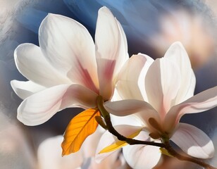 close up of creamy white magnolia blossoms with soft artistic brushstroke background