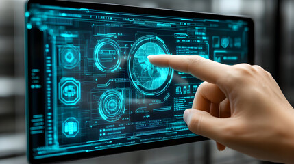 Fototapeta premium A person's hand interacting with a digital touchscreen interface displaying various data points and icons.